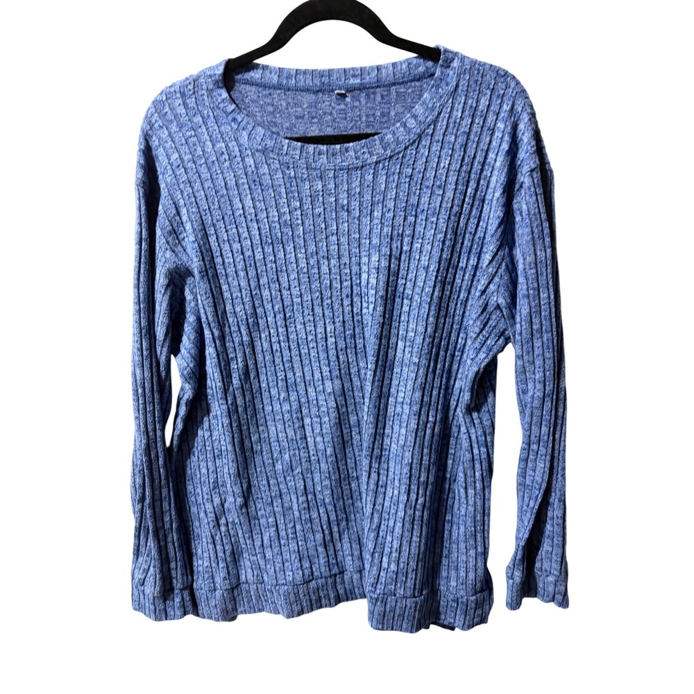 Womens Blue Ribbed Knit Long Sleeve Crew‎ Neck Pullover Top XL